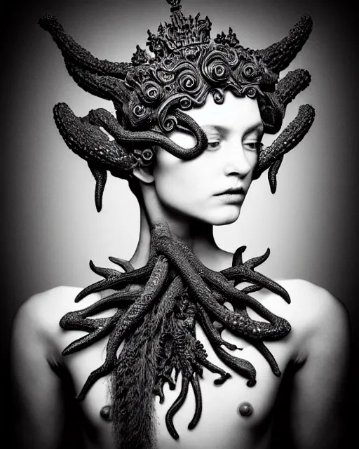 Image similar to dark background, a black and white high quality dreamy photo of a young beautiful female queen-dragon-vegetal-flower-cyborg bust with a very long neck and delicate Mandelbrot fractal face, elegant, highly detailed, flesh highly baroque ornate, hair are curled wired cables, elegant, poetic, soft, dreamy, mysterious, high fashion, rim light, in the style of Ellen von Unwerth, Realistic, Refined, Digital Art, Highly Detailed, Cinematic Lighting, rim light, black and white, photo-realistic, 8K