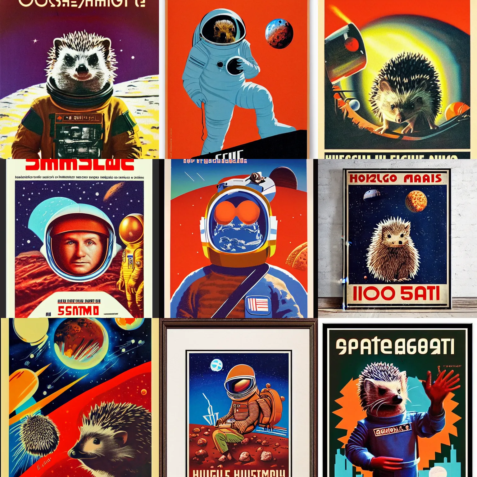 Prompt: Hedgehog cosmonaut portrait, planet mars, 60s poster, 1972 Soviet