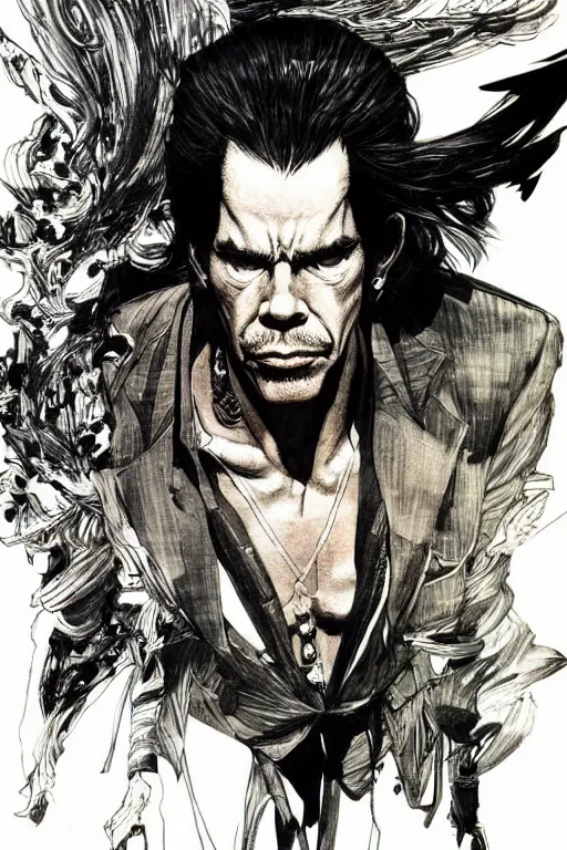 Image similar to full body portrait of nick cave, concept art, sumi - e style, intricate linework, artstation, trending, highly detailed, smooth, focus, art by yoji shinkawa and glenn fabry,