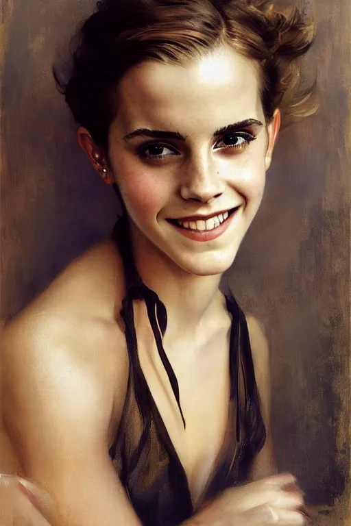 Prompt: emma watson smiling detailed portrait painting by gaston bussiere craig mullins j. c. leyendecker photograph by richard avedon peter lindbergh