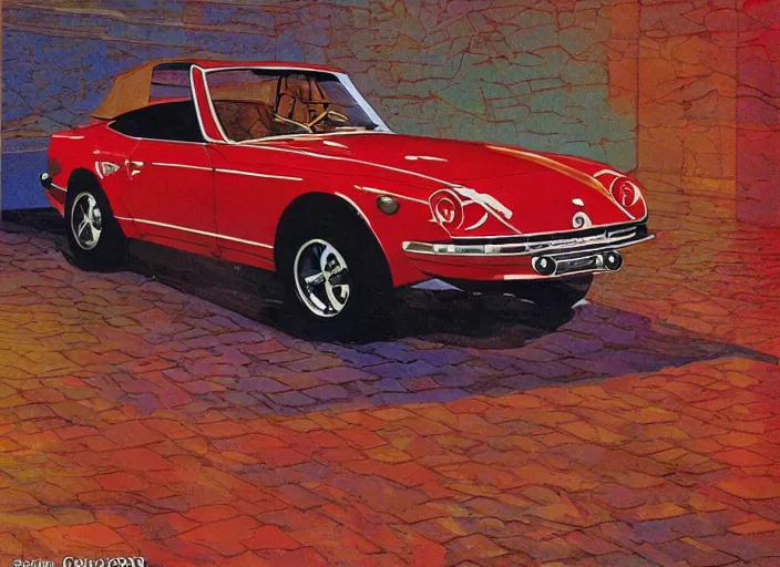 Image similar to highly detailed 1 9 6 9 red datsun fairlady roadster, retro minimalist art by jean giraud, moebius starwatcher comic, sharp, 8 k