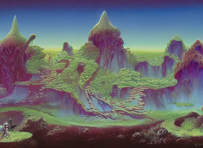 Image similar to A dreamy spiritual land by Roger Dean, 8K concept art, detailed