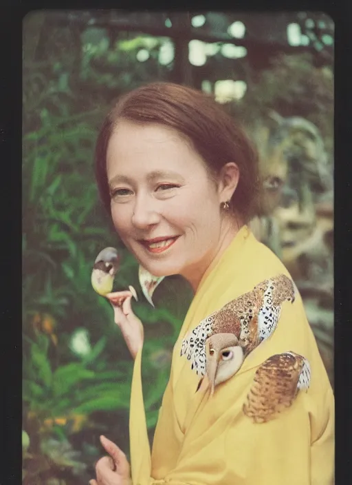 Image similar to head to shoulder portrait Polaroid film photograph of an elegant lovely woman wearing a yellow kimono with a very detailed barn owl on her shoulder!!! in a tropical greenhouse. looking at the camera!!. slight smile. super resolution. Extremely detailed. sitting inside a fountain. Pre - raphaelit .Polaroid 600 film.