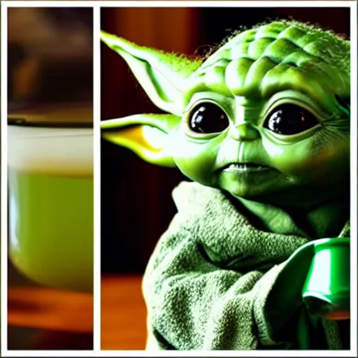 Image similar to baby yoda drinking green tea