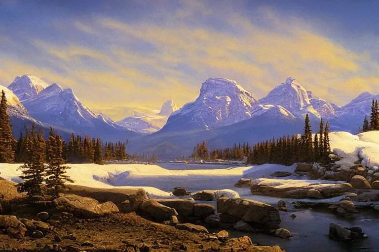 Prompt: an epic landscape painting of the three sisters mountains in canada, with snow on its peak, at sunrise in springtime, with the bow river in the foreground, painted by x, atmospheric, volumetric lighting, rolling fog, breathtaking, highly detailed, painted by ted nasmith