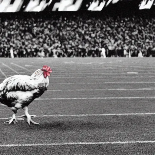 Prompt: the famous funky chicken runs across a football field, interrupting the big game, 3 5 mm