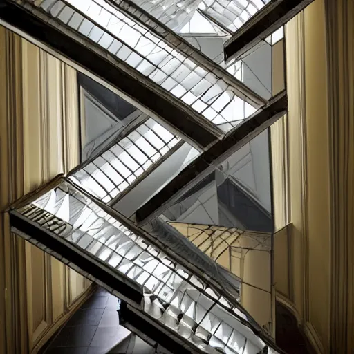 Prompt: model, hallways and stairwells and mirrors, warped dperceptions, similar to relativity by m. c. escher