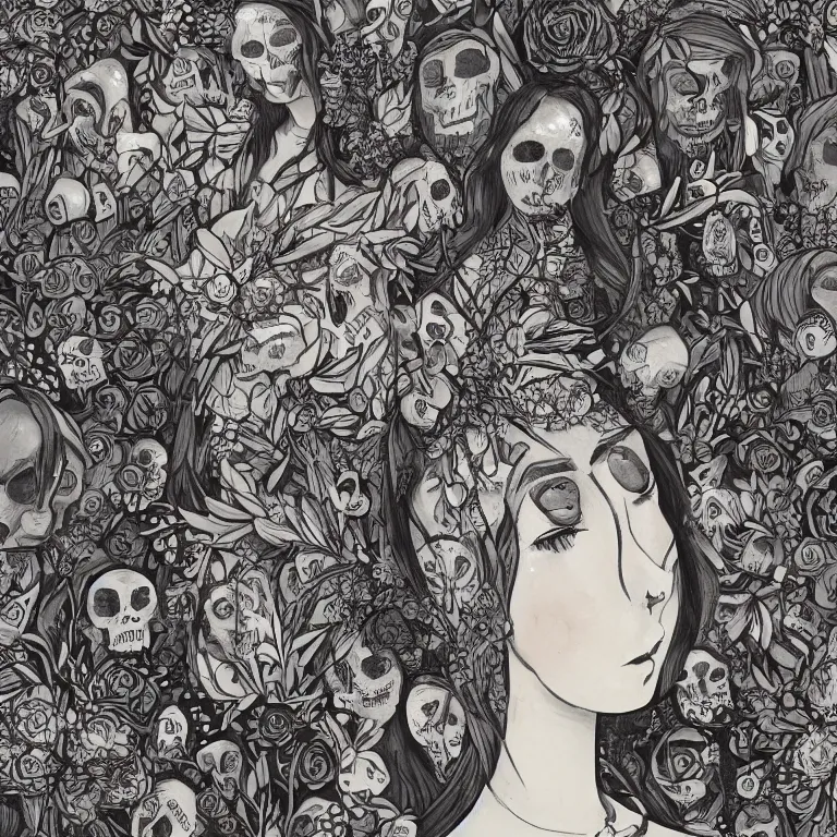 Image similar to young goddess, beautiful symmetrical face detailed face, realistic proportions, wearing a dark grey dress, peering from behind an enormous conical pile of skulls with flowers in the background, lush painting in the style of studio ghibli