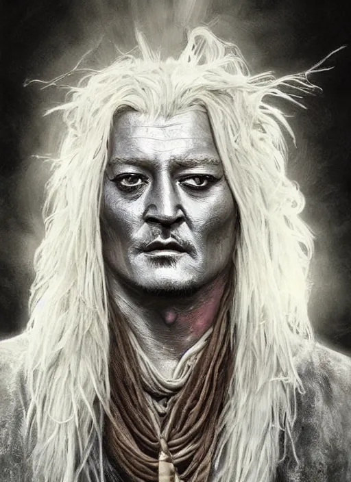 Image similar to John Wayne and Johnny Depp (((fused together))), white glowing eyes, silver shaggy hair, cloak, ethereal wings, male, fantasy, extremely detailed, digital painting, artstation, concept art, smooth, sharp focus, illustration, stunning lighting, art by artgerm and greg rutkowski and alphonse mucha and simon stalenhag, realistic character concept, high fantasy, light atmosphere, golden ratio, cinematic lighting, hyperdetailed, high resolution, insanely detailed and intricate, artstation, Marc Simonetti, Greg Rutkowski, 8k