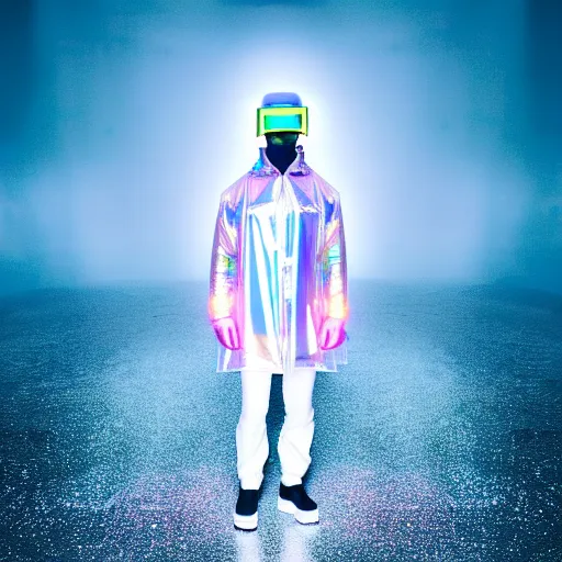 Image similar to an ultra high definition professional studio quality photograph of an artificial celebrity cyberpunk pop star wearing a transparent iridescent perspex pastel coloured face visor and matching raincoat on white coat hook in an icelandic black rock environment. dramatic lighting. volumetric shadows. light rays