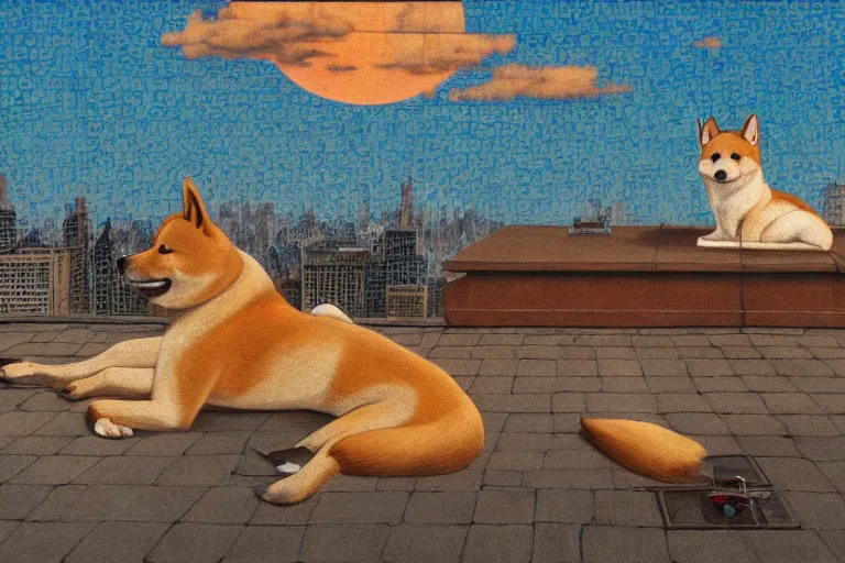 Prompt: painting of a shiba inu in a rooftop, watching new york, beautiful, sunset, romantic, by ludwig deutsch and maxfield parrish, patterned tilework, extremely detailed, cinematic lighting, smooth sharp focus