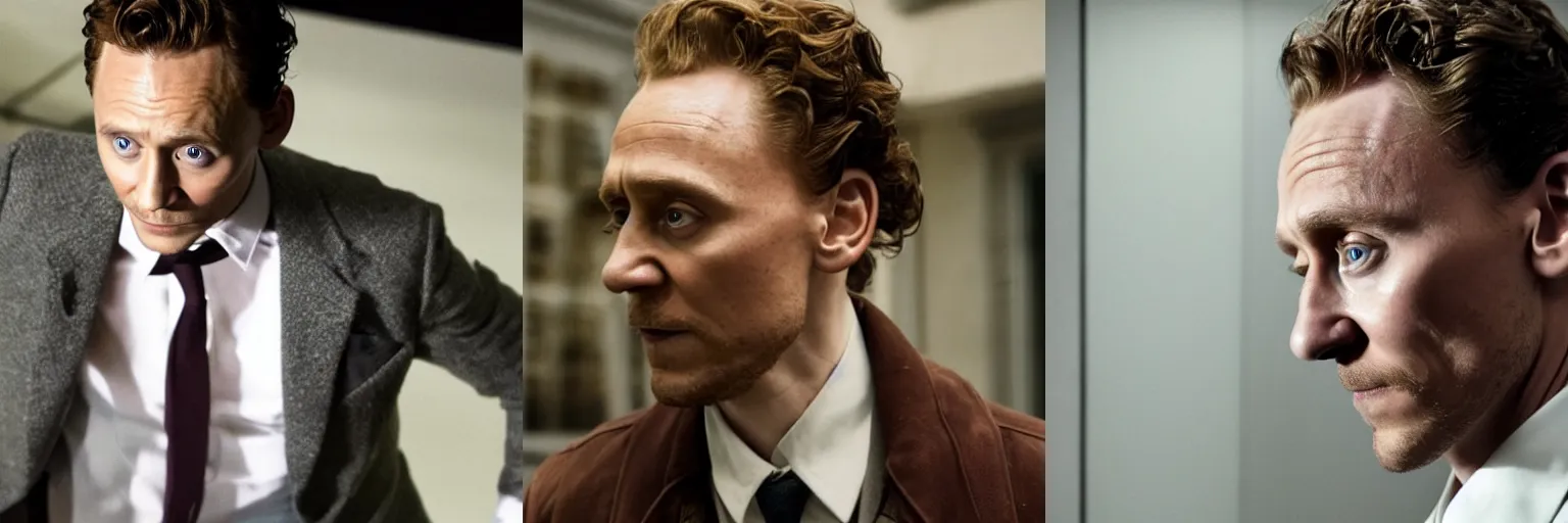 Prompt: close-up of Tom Hiddleston as a detective in a movie directed by Christopher Nolan, movie still frame, promotional image, imax 70 mm footage