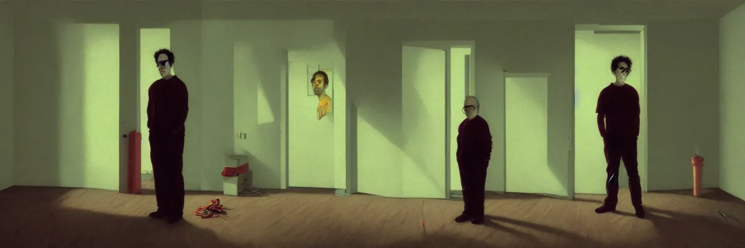 Image similar to weird and disturbing portrait of todd solondz standing alone in an empty appartment, vivid colors, neon, art by gregory crewdson and francis bacon and artgerm and wlop and william - adolphe bouguereau