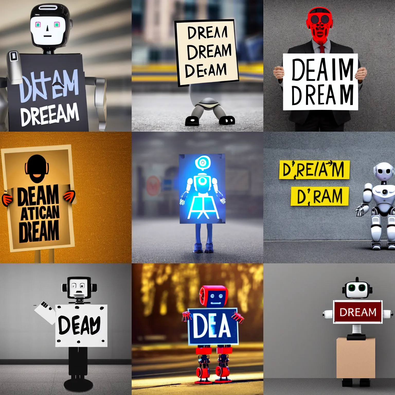 Image similar to artificial intelligence robot holding a sign with text that reads : dream