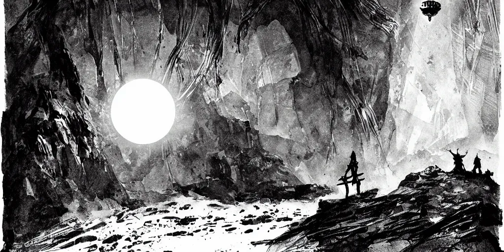 Image similar to a mythical magical sword halfway embedded in a stone radiant light, detailed and intricate environment, digital art, trending on art station kvlt by peder balke by peder balke by guido crepax by norman bluhm mystic high contrast monochromatic noir