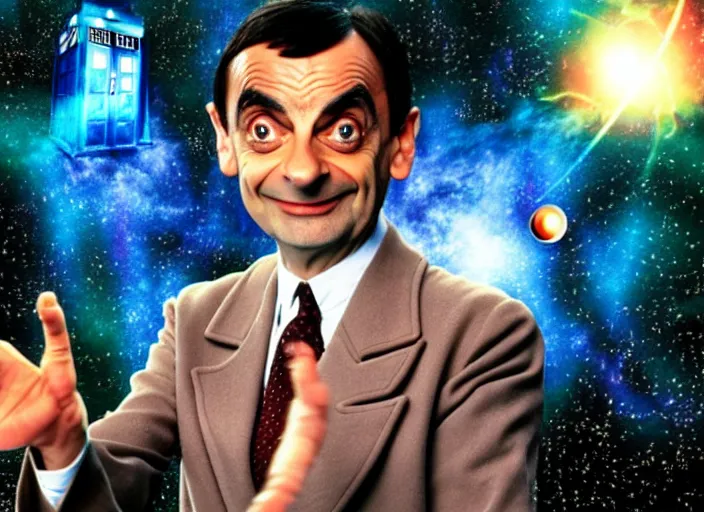 Prompt: product photo still of vhs cover of mr bean as doctor who in front of a nebula through the open door of the tardis on a vhs box