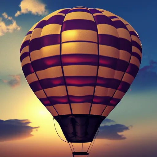 Image similar to steampunk hot air balloon, skimming on top of clouds, intricate, sunset, beautiful composition. 3 d render