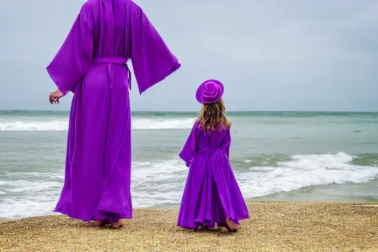 Prompt: A creature 5 meters tall, in a violet chiffon layered robe, in a fancy hat and a little girl look into the distance on the seashore highly detailed, high quality, HD, 4k, 8k, Canon 300mm, professional photographer, 40mp, lifelike, top-rated, award winning, realistic, sharp, no blur, edited, corrected, trending