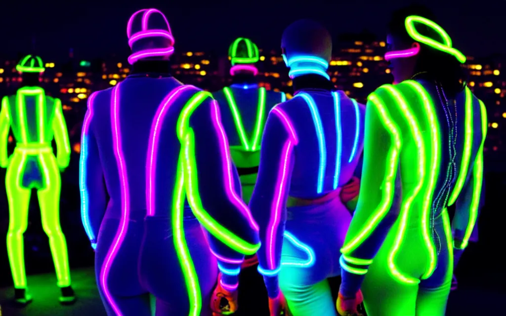 Image similar to love, diverse neon cybersuits, from behind, wide wide angle, vivid, elaborate, highly detailed, beautiful lighting