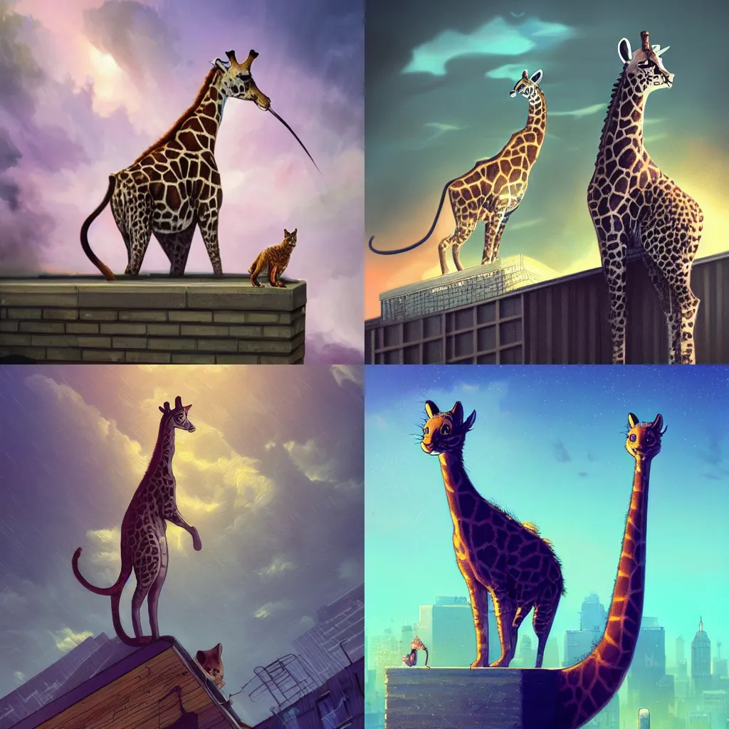 Prompt: a cat as giraffe standing on the rooftop, giraffe face, fantasy, illustration, intricate, epic lighting, cinematic composition, hyper realistic, 8 k resolution, by artgerm, tooth wu, dan mumford, beeple, wlop, rossdraws, james jean, andrei riabovitchev, marc simonetti, yoshitaka amano, artstation