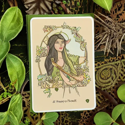 Prompt: a beautiful forest elf in the style of a tarot card with beautiful gilded edges on card