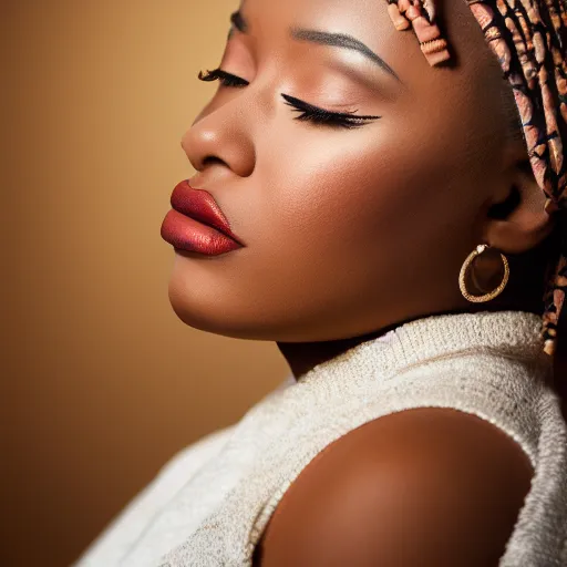 Image similar to realistic photo of an African American woman, with exquisite hollywood style makeup on, her eyes closed as the sun is setting behind her, studio photography, f/1.8 cinematic lens