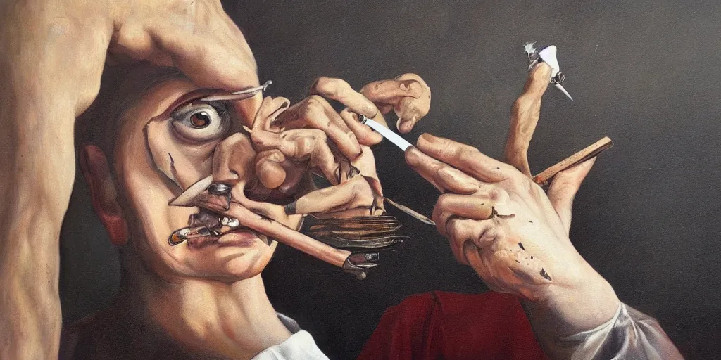 Image similar to a surreal painting of a man removing a nail from his third eye