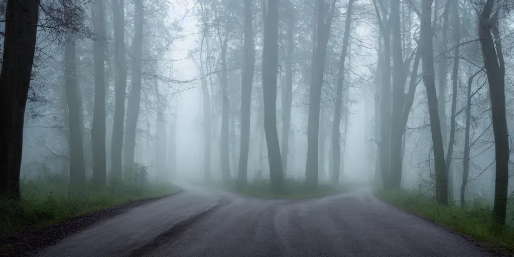 Prompt: road between tall trees, dense forest, dark night, fog, cold light