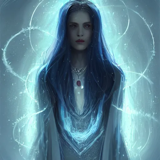 Image similar to masterpiece portrait of an aesthetic beautiful mage woman, ice spell, 3 0 years old woman, soft thin face, light eyes, black dynamic hair, wearing silver diadem with blue gems inlays, silver necklace, digital painting by wlop, atmospheric effects, chaotic blue sparks dynamics background, intricate, artstation, fantasy