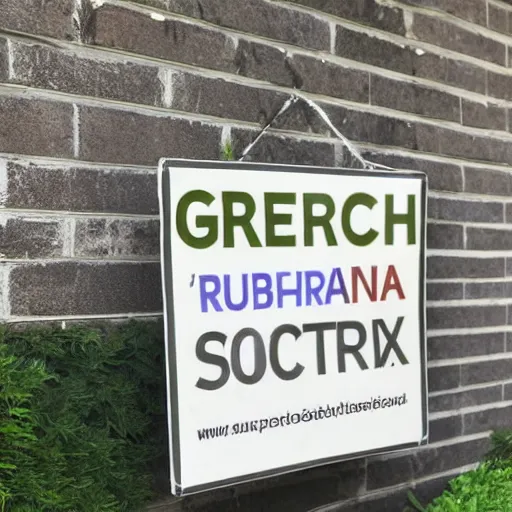 Prompt: a cardboard sign that says gxrch posted at a suburban street corner, photograph