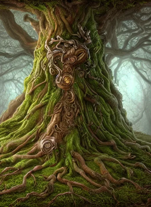 Image similar to highly detailed closeup portrait of a yggdrasil tree, unreal engine, nicoletta ceccoli, mark ryden, lostfish, earl norem, global illumination, god rays, detailed and intricate environment