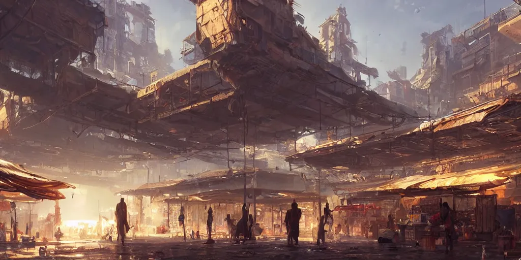 Image similar to screenshot of a marketplace in a honeycombed makeshift city, dappled light, colossal arcing metal megastructures high in the sky, beautiful, awe inspiring, fps, by james gurney, greg rutkowski, sparth, cinematography, cinematic masterpiece