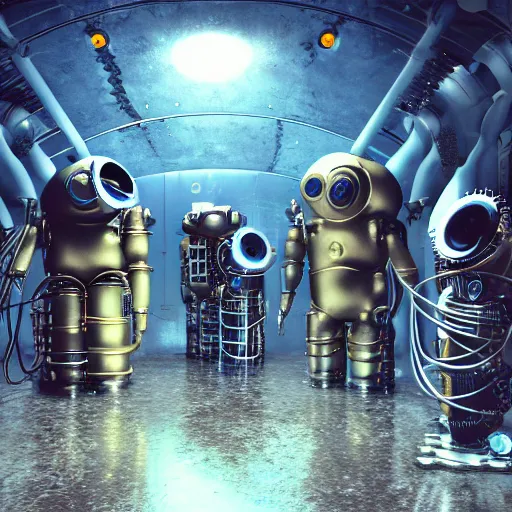 Image similar to on the wet concrete floor sits one sad golden and blue metal humanoid steampunk robots wearing and gears and tubes, eyes are glowing red lightbulbs, shiny crisp finish, 3 d render, 8 k, insaneley detailed, fluorescent colors, background is backdoor entrance to a futuristic nightclub, nightlight