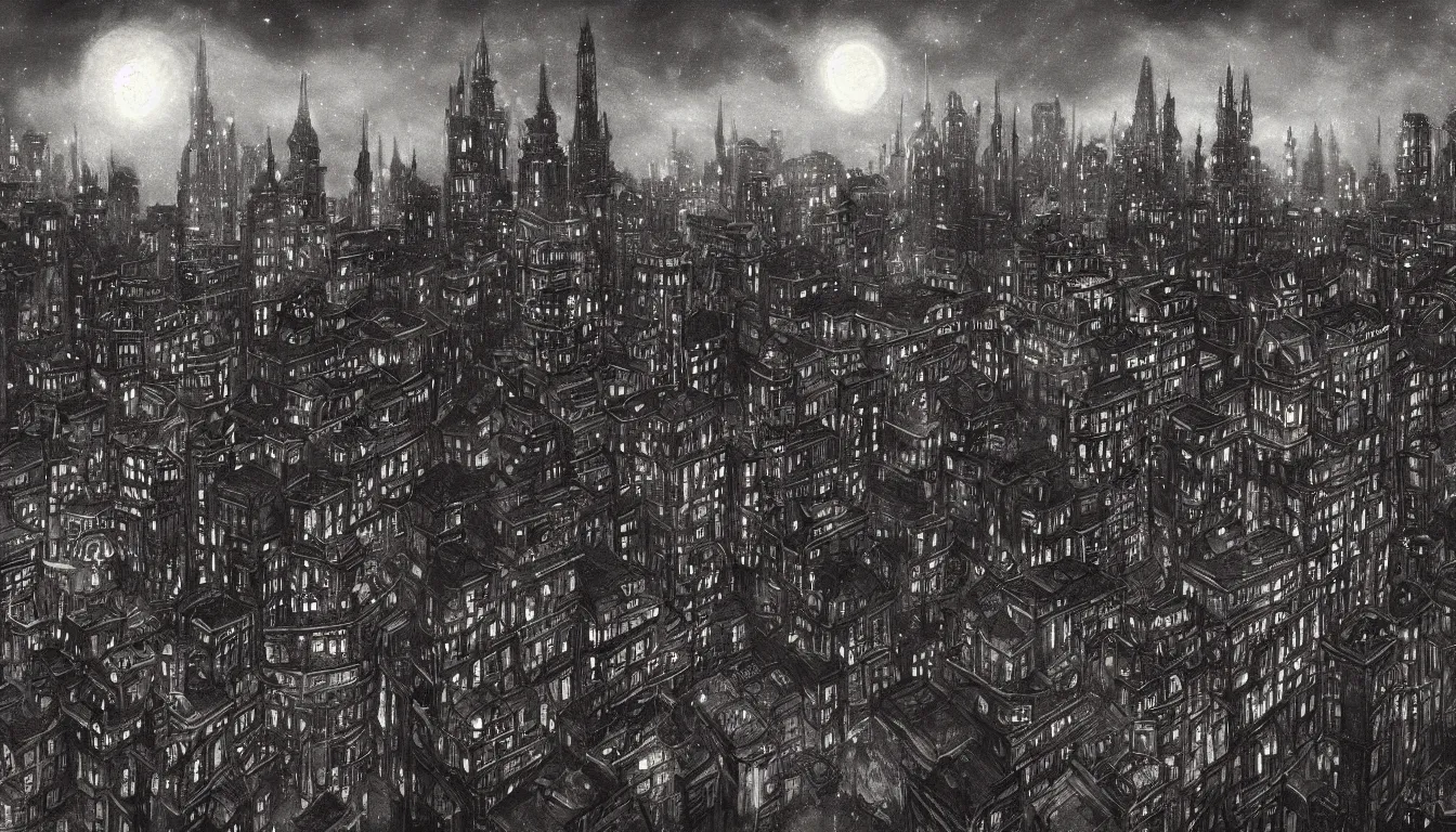 Prompt: victorian city with towers at night, black sky, no moon, award winning fantasy art