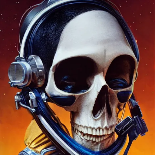 Prompt: a portrait of skull in an astronaut helmet by sandra chevrier, detailed render, epic composition, cybernetics, 4 k realistic, cryengine, realistic shaded lighting, sharp focus, masterpiece, by matteo scalera, gary montalbano, peter elson in the style of the tokyo ghost comic