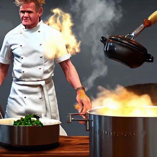 Prompt: unreal engine 5 photorealistic Gordon Ramsey cooking a unicorn in a pot in a intricate kitchen 4k