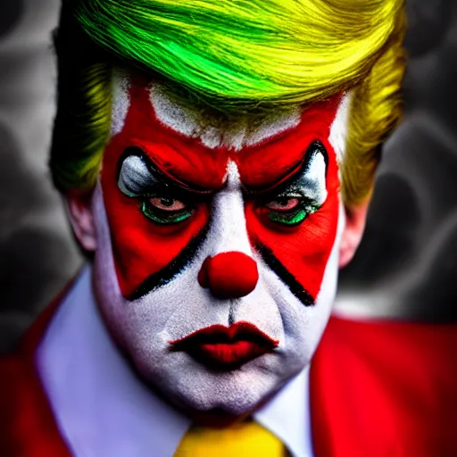 Prompt: Trump wearing clown makeup, XF IQ4, 150MP, 50mm, f/1.4, ISO 200, 1/160s, natural light, Adobe Photoshop, Adobe Lightroom, DxO Photolab, polarizing filter, Sense of Depth, AI enhanced, HDR