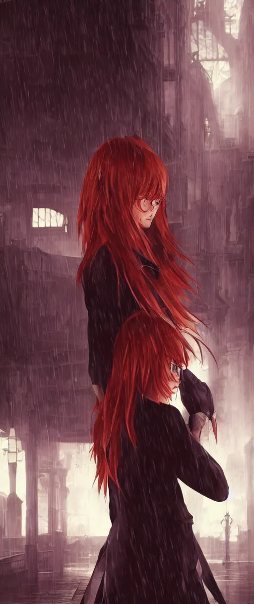 Prompt: asuka langley soryu in a dishonored town, dunwall city, advanced digital art, dishonored aesthetic, cinematic lighting, rainy weather, melancholy atmosphere, artstation, dunwall city, gothic architecture, volumetric light, octane render, dishonored game, dishonored 1, atmosphere or depression and despair, bokeh blur, anime character portrait