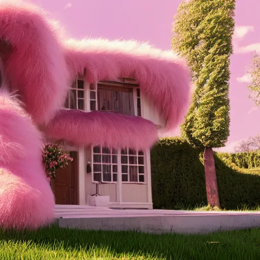 Image similar to extremly detailed house made of pink fluffy fur, photorealistic, high details, 8 k, sharp focus, octane render, volumetric light