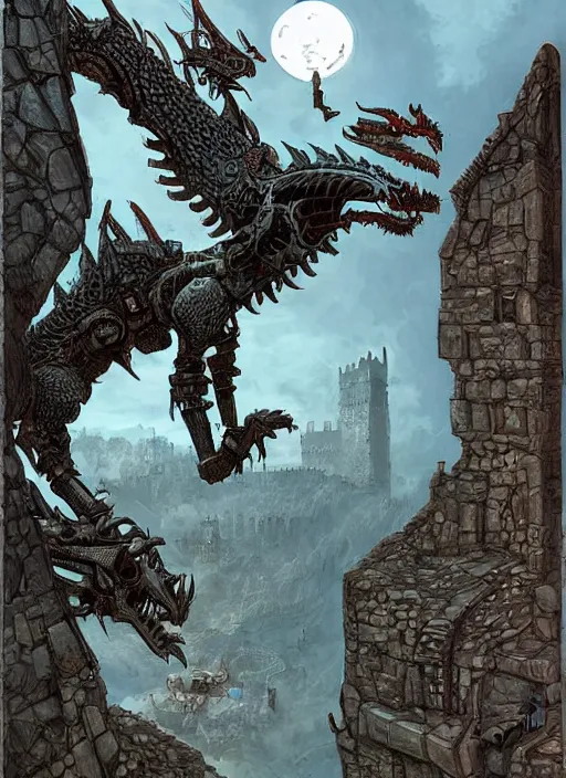 Image similar to intricate fantasy comic book drawing of a giant mechanical dragon over a stronghold castle by dariusz zawadski and simon stalenhag, simon bisley, jack kirby and gris grimly, cinematic, epic, awesome color palette
