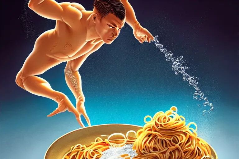 Image similar to olympic diver is diving into a dish of pasta, splash, art deco intricate ripples, fantasy, elegant, highly detailed, sharp focus, art by artgerm and beeple and greg rutkowski and wlop