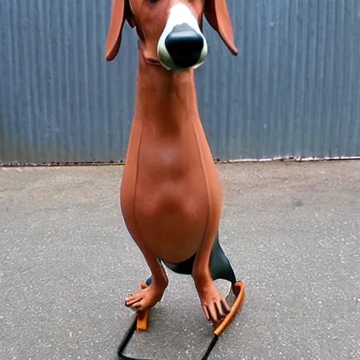 Image similar to Dachshund on stilts wearing a greyhound mask