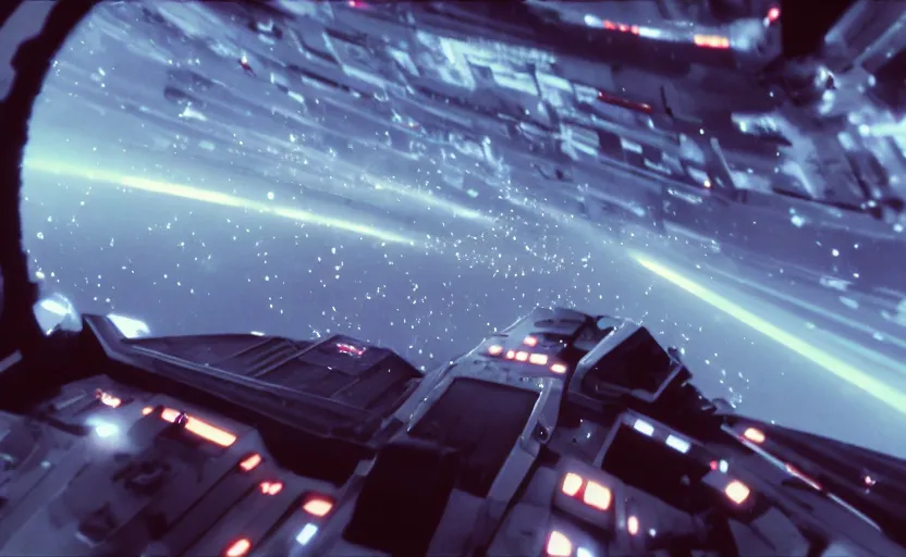 Prompt: film still pov from the cockpit of a space fighter during an epic space battle, slight motion blur, 4k