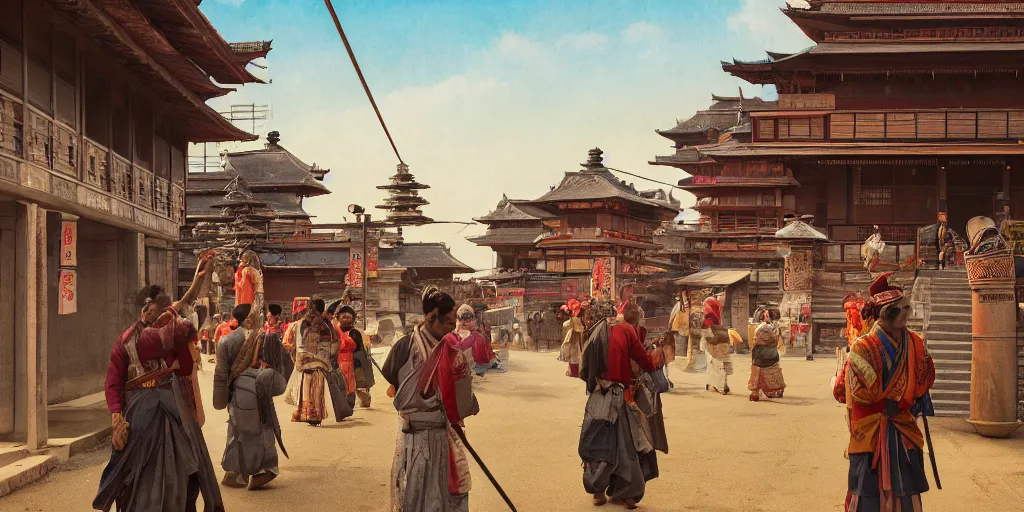 Prompt: india in the 1 8 0 0 s filled with japanese architecture, samurai's walking the streets, indians in traditional wear haggling with the street vendors, surreal, beautiful, hyper realistic, trending on artstation, 8 k, hd