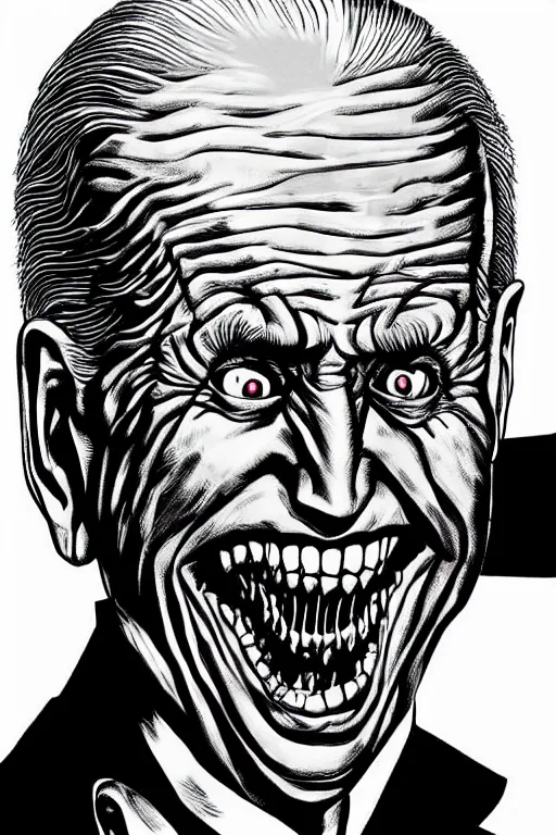 Image similar to joe biden evil grin, horror, terrifying artwork, monster, artwork by junji ito, black and white manga