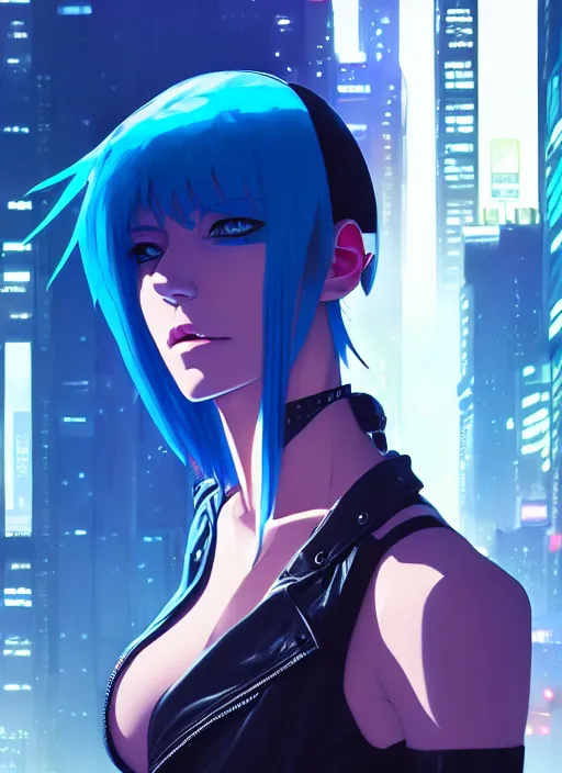 Prompt: hyper realistic photograph portrait of cyberpunk pretty girl with blue hair, wearing a full leather outfit, holding a whip, in city street at night, by makoto shinkai, ilya kuvshinov, lois van baarle, rossdraws, basquiat