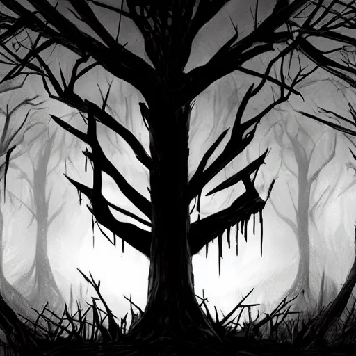 Prompt: a dangerous dark forest in the style of the video game Limbo, dark and beautiful, trending on artstation, stylized
