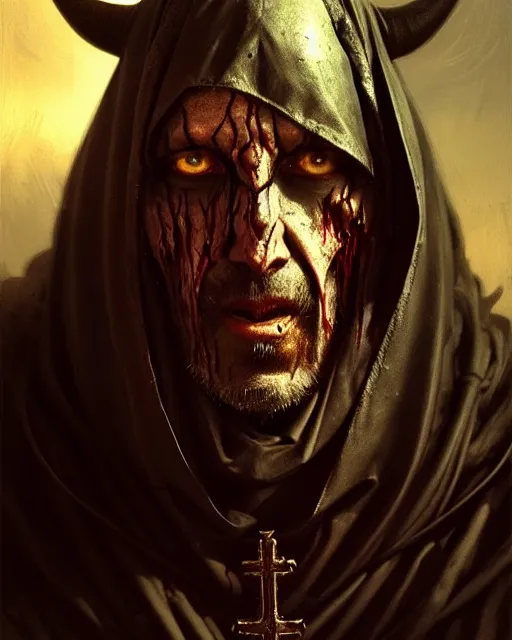 Prompt: realistic wide angle portrait of an evil bishop, dark magic, heroic pose, full body, dramatic lighting, dark and horror, dust and blood, intricate, wild, highly detailed, digital painting, artstation, concept art, smooth, sharp focus, illustration, art by artgerm and greg rutkowski and alphonse mucha, footage from space camera