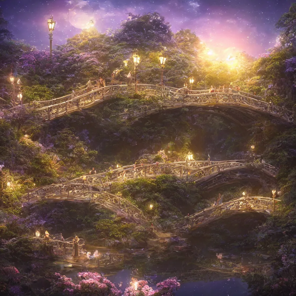 Image similar to fairyland bridge, outside of time and space, dreamy, romantic, night lighting, gorgeous lighting, well lit, backlit, dramatic cinematic lighting, intricate, highly detailed, in the style of studio ghibli, octane render, 8 k