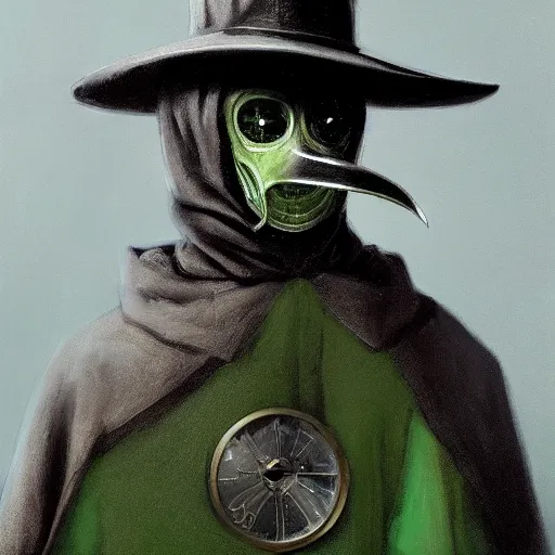 Prompt: A fancy portrait of a green medieval Plague Doctor by Greg Rutkowski, Sung Choi, Mitchell Mohrhauser, Maciej Kuciara, Johnson Ting, Maxim Verehin, loish, 4k photorealistic, volumetric lighting, HD, high details, dramatic, trending on artstation